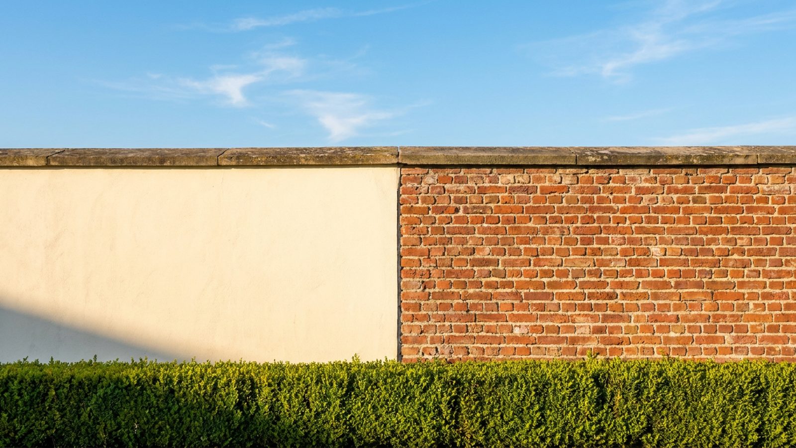 Verputzte Hausfassade mit tragendem Mauerpfeiler im warmen Sonnenlicht