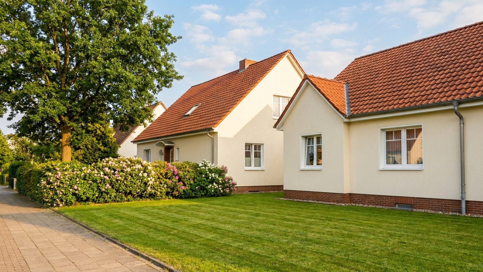 Gepflegtes Einfamilienhaus mit Rasen und Hecke bei blauem Himmel