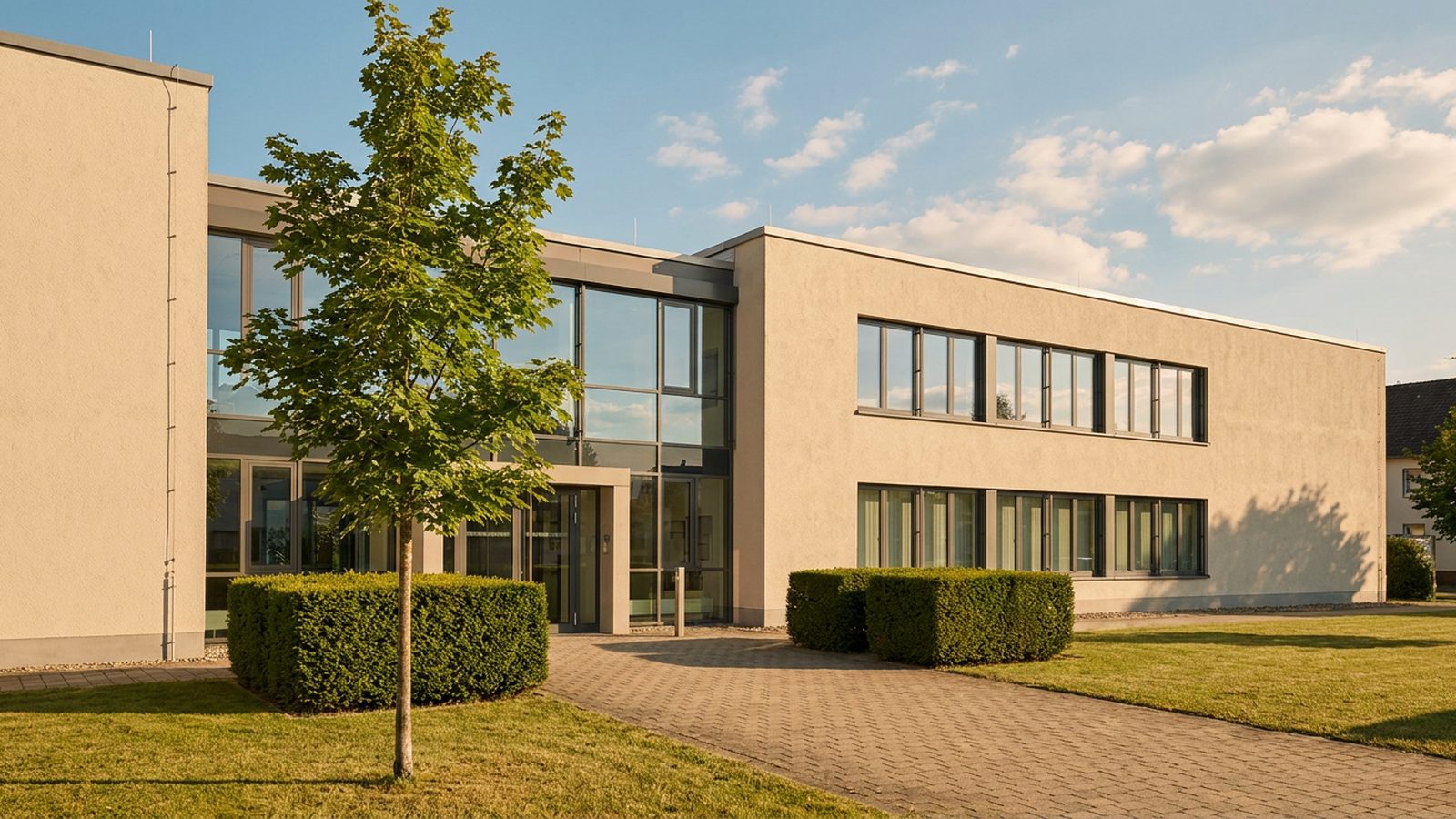 Helles Verwaltungsgebäude der 60er mit Rasen und Baum bei blauem Himmel