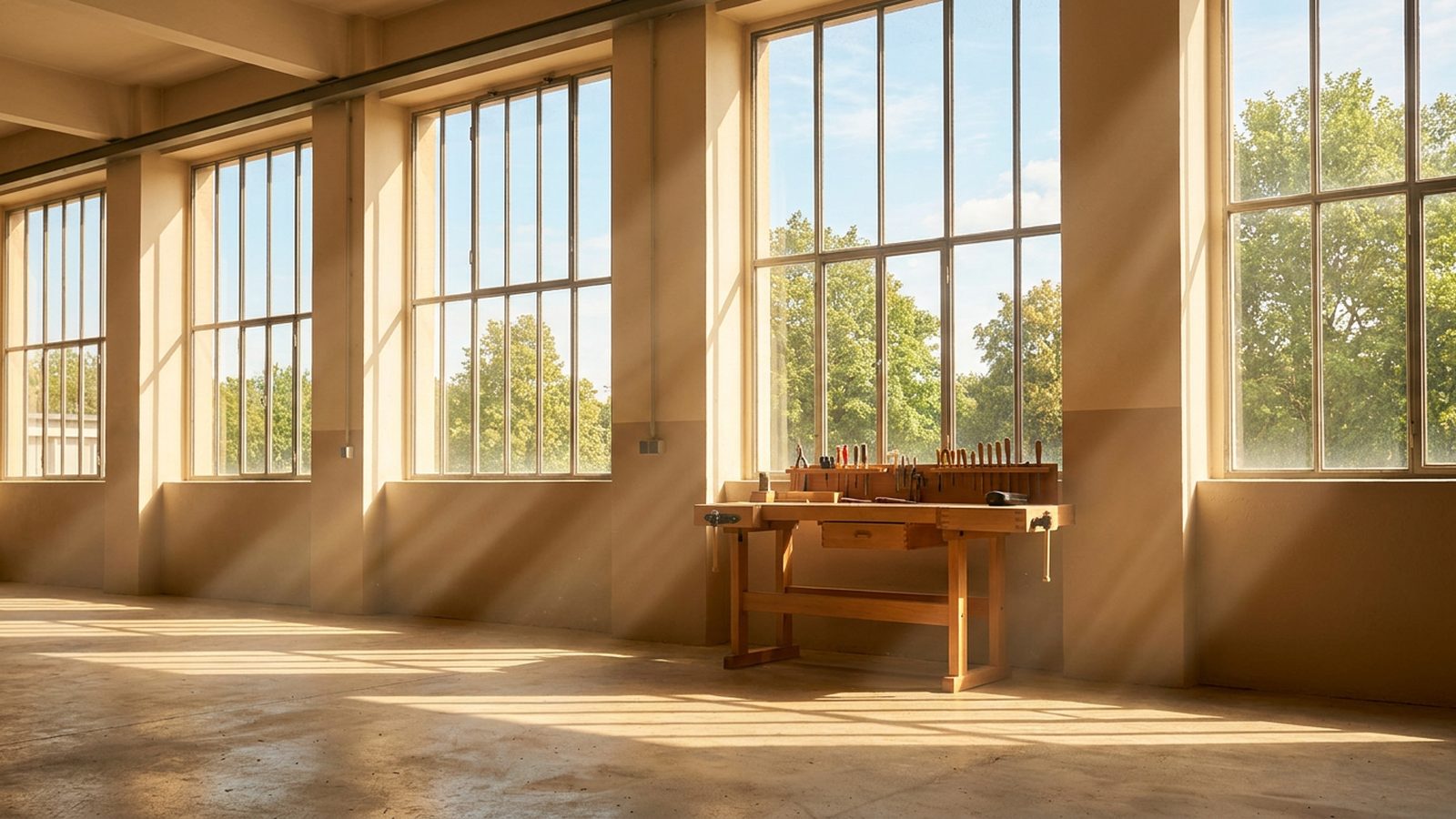 Aufgeräumte Werkhalle mit Tageslicht durch hohe Fensterreihe