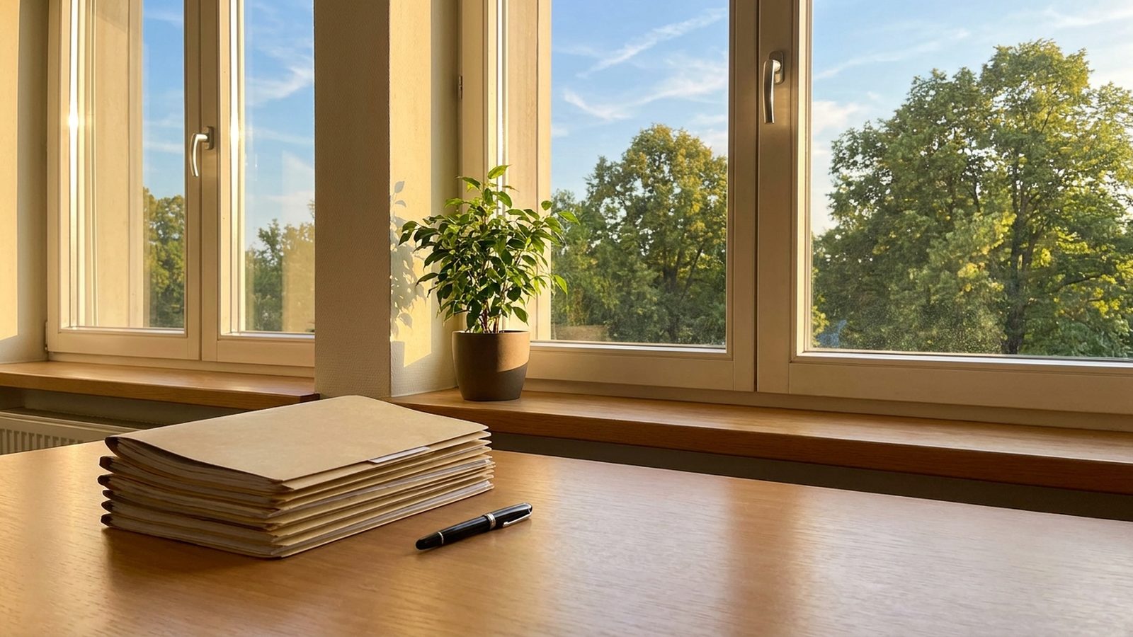 Aufgeräumter Schreibtisch mit Aktenordnern am sonnigen Fenster