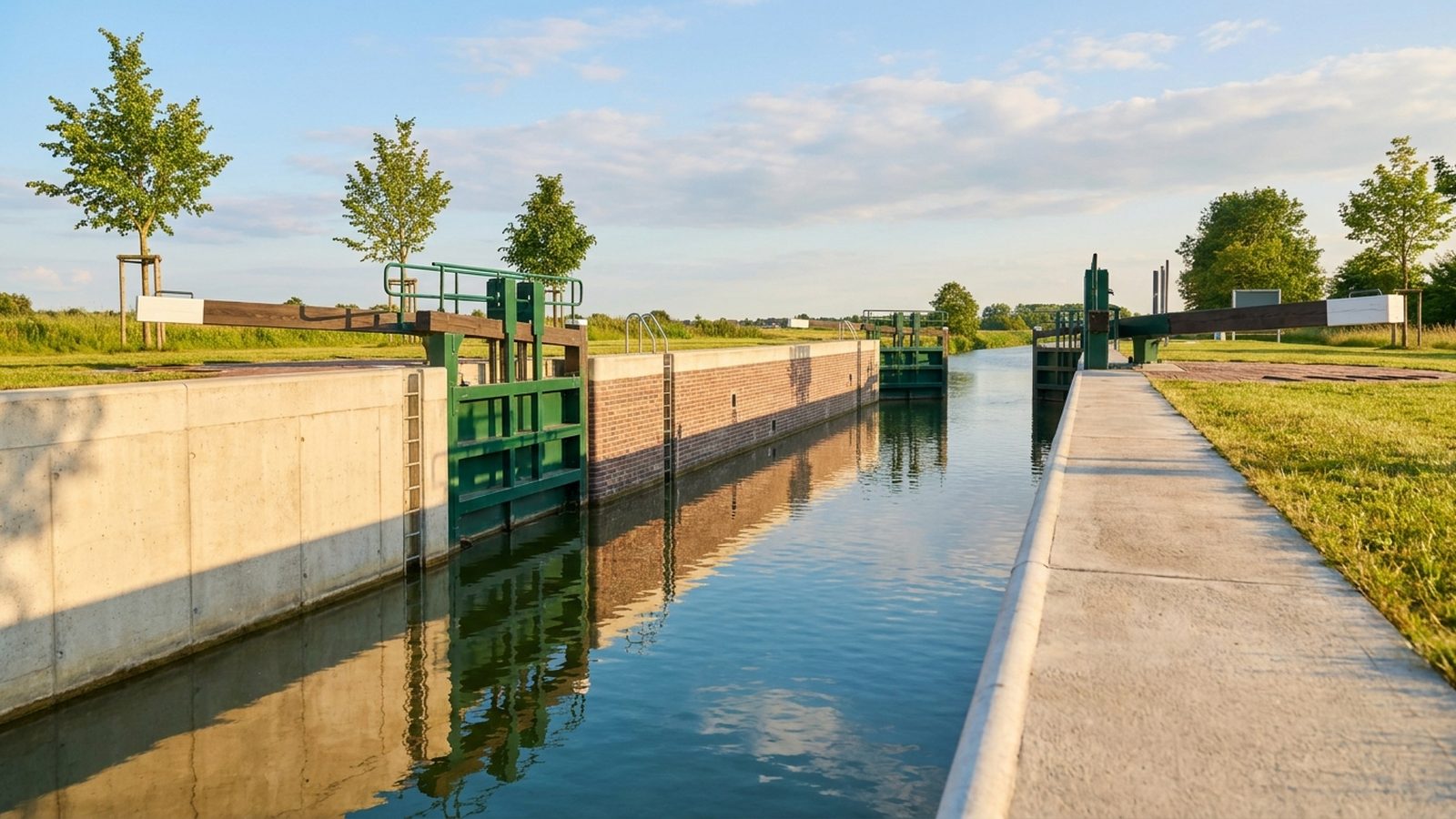 Saubere Kanalschleuse mit ruhigem Wasser und grünen Uferwiesen in Sonne