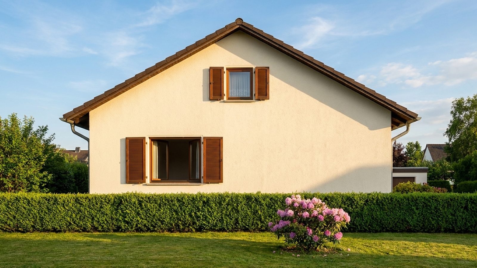 Gepflegtes Einfamilienhaus mit offenen Läden, Hecke und blühendem Busch