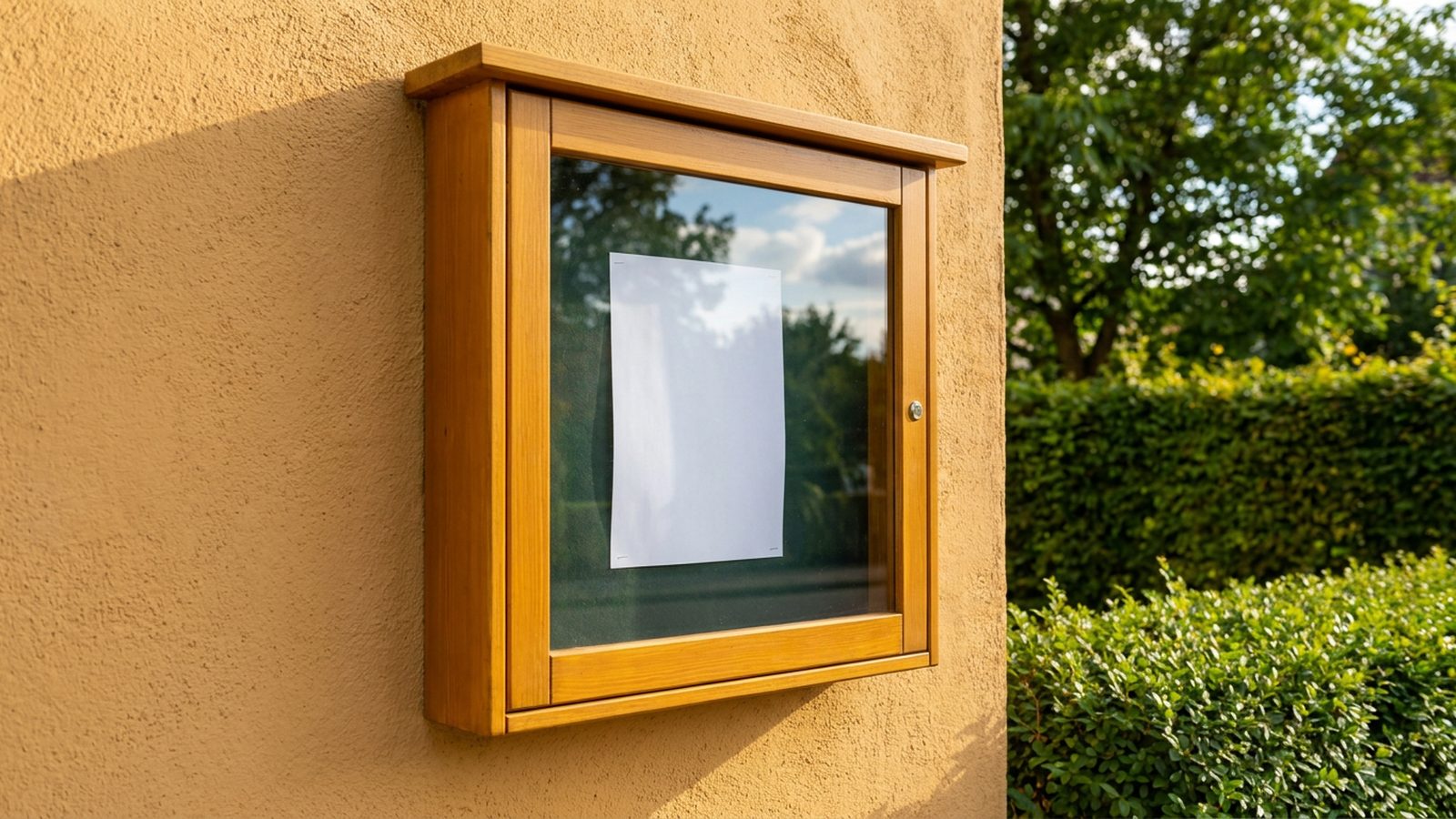 Frisch gestrichener Schaukasten mit klarem Glas vor grüner Hecke