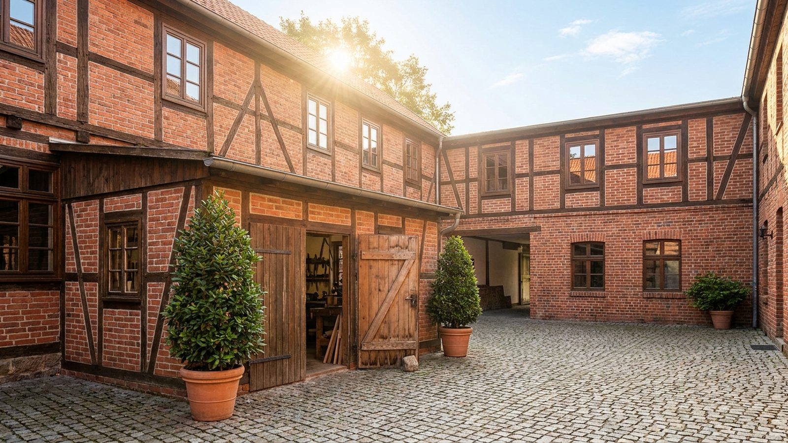 Sonniger Innenhof eines Backsteinhauses mit Kübelpflanzen