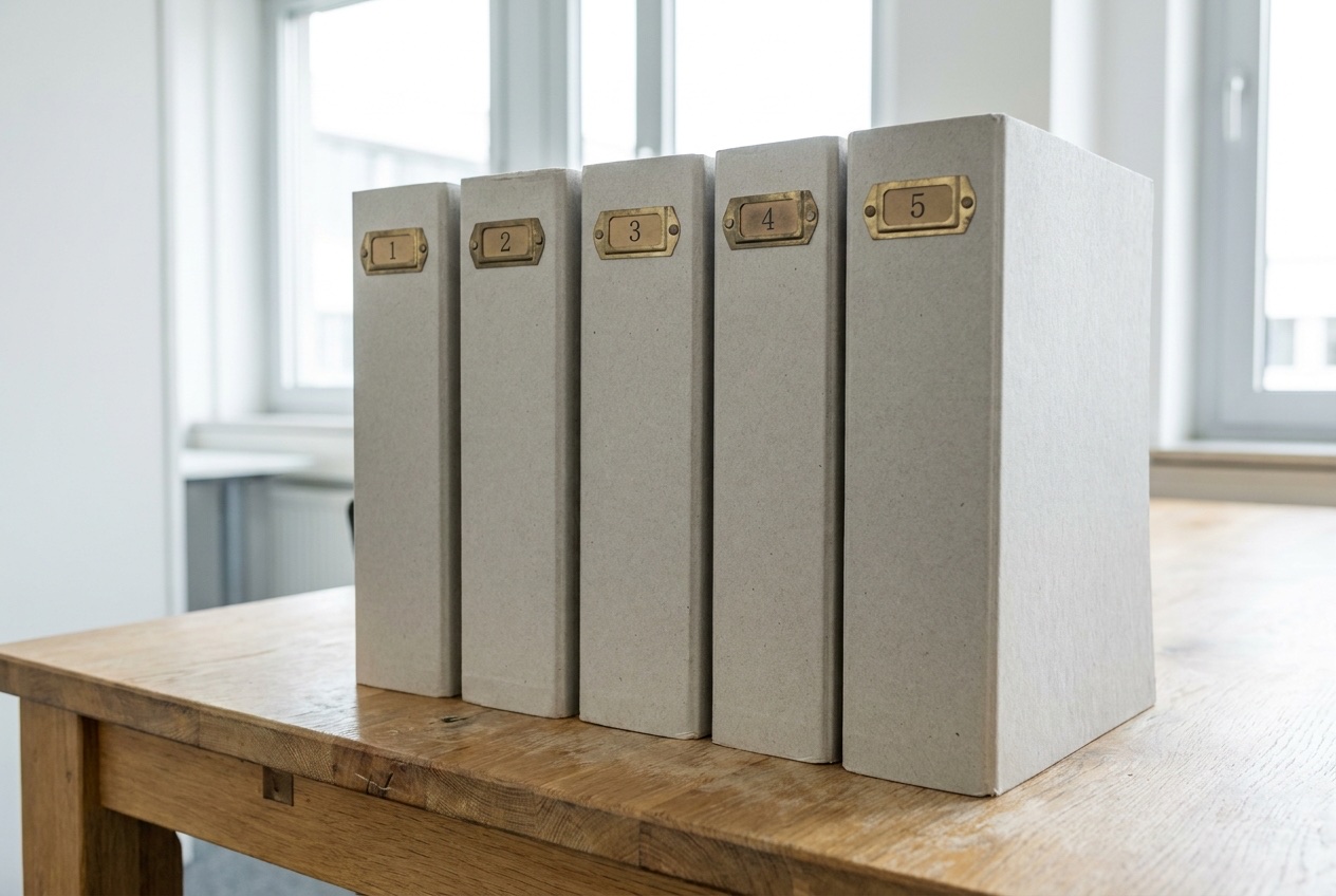 Fünf nummerierte Dokumentmappen — die Phasen des Insolvenzverfahrens