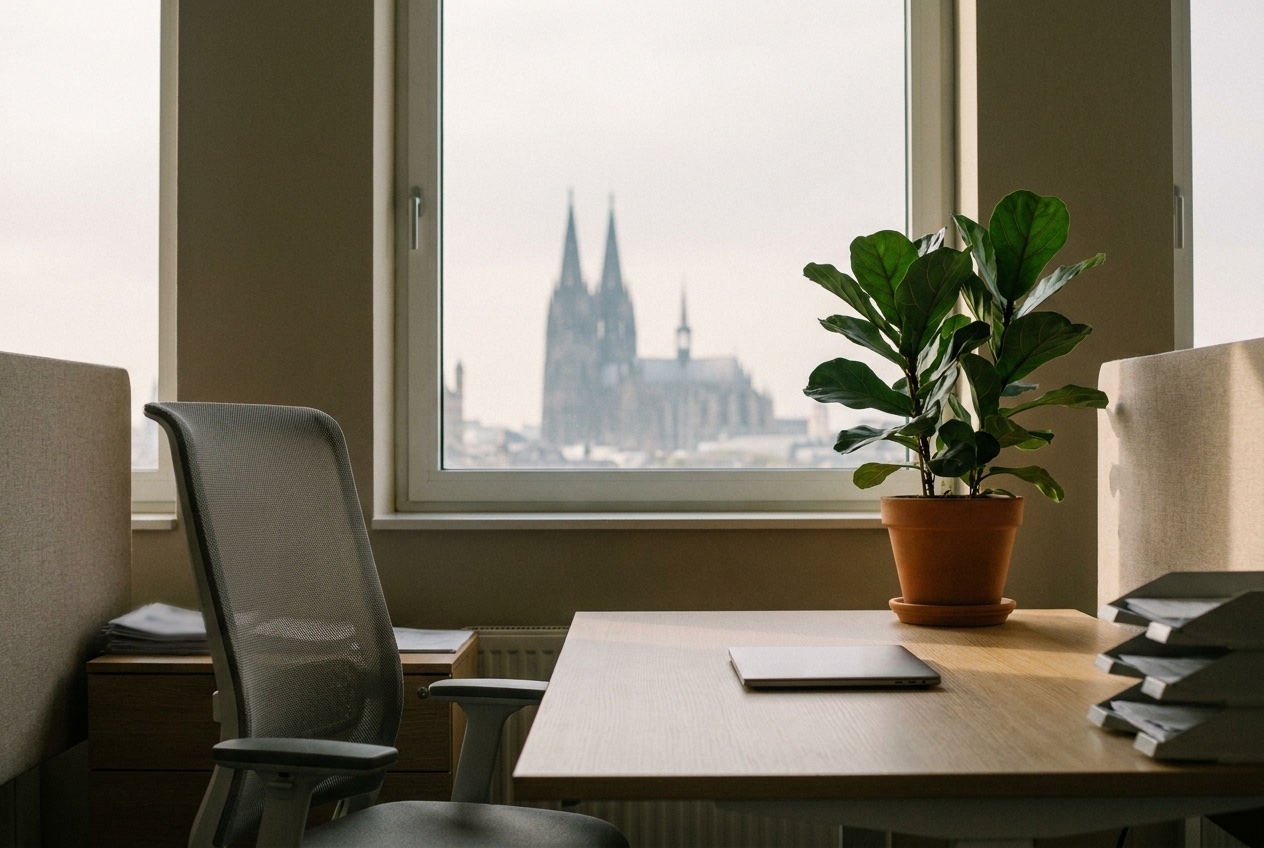 Moderner Arbeitsplatz mit Blick auf den Kölner Dom — Karriere bei Quentin