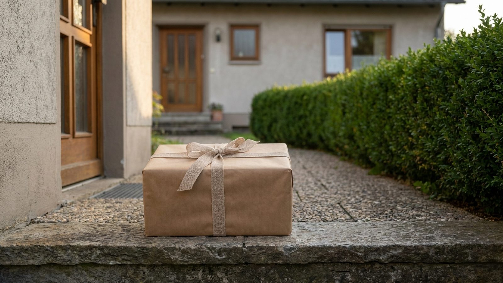 Schlicht verpacktes Geschenk mit Schleife auf der Türschwelle eines Wohnhauses