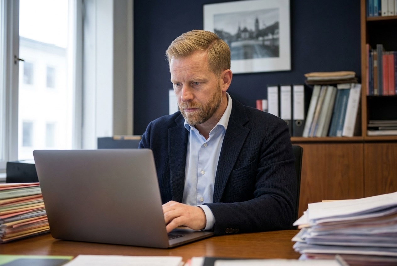 Marcus Wätzel prüft eine Treuhandkonto-Abwicklung am Laptop