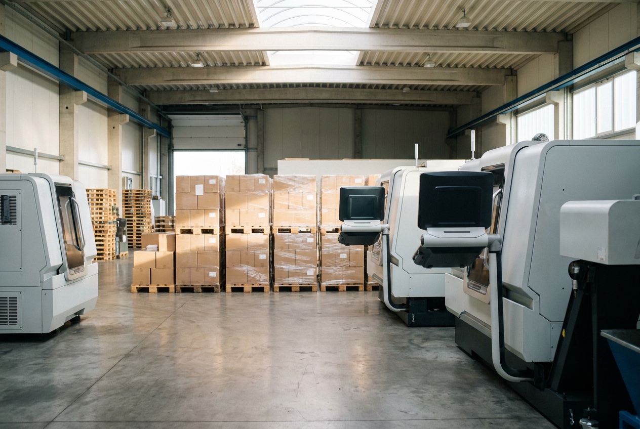 Industriehalle mit Maschinen und palettierter Neuware — Verwertung aus Insolvenzmassen