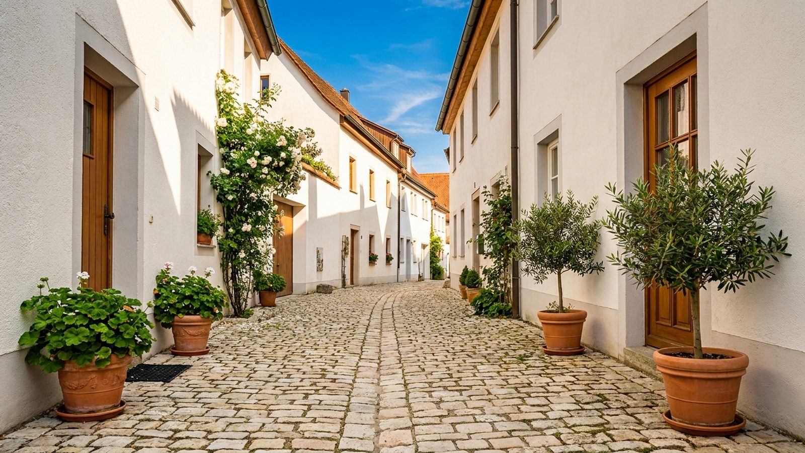 Verputztes Eckhaus an der Kreuzung zweier sonniger Wohnstraßen