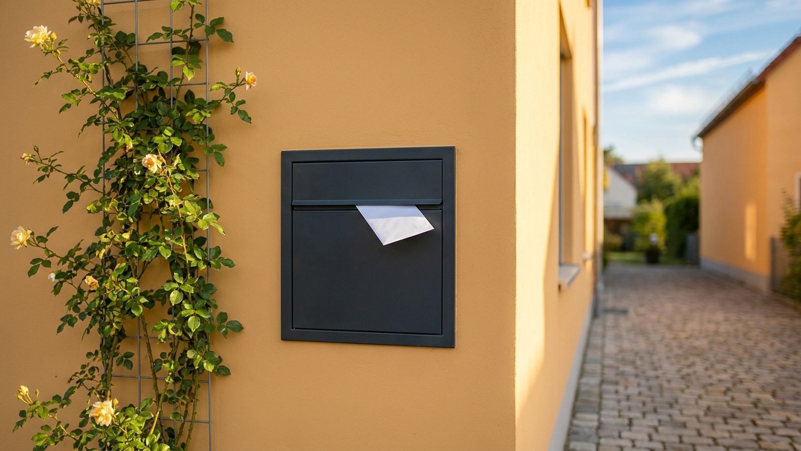 Sauberer Briefkasten mit Brief an frisch verputzter Hauswand
