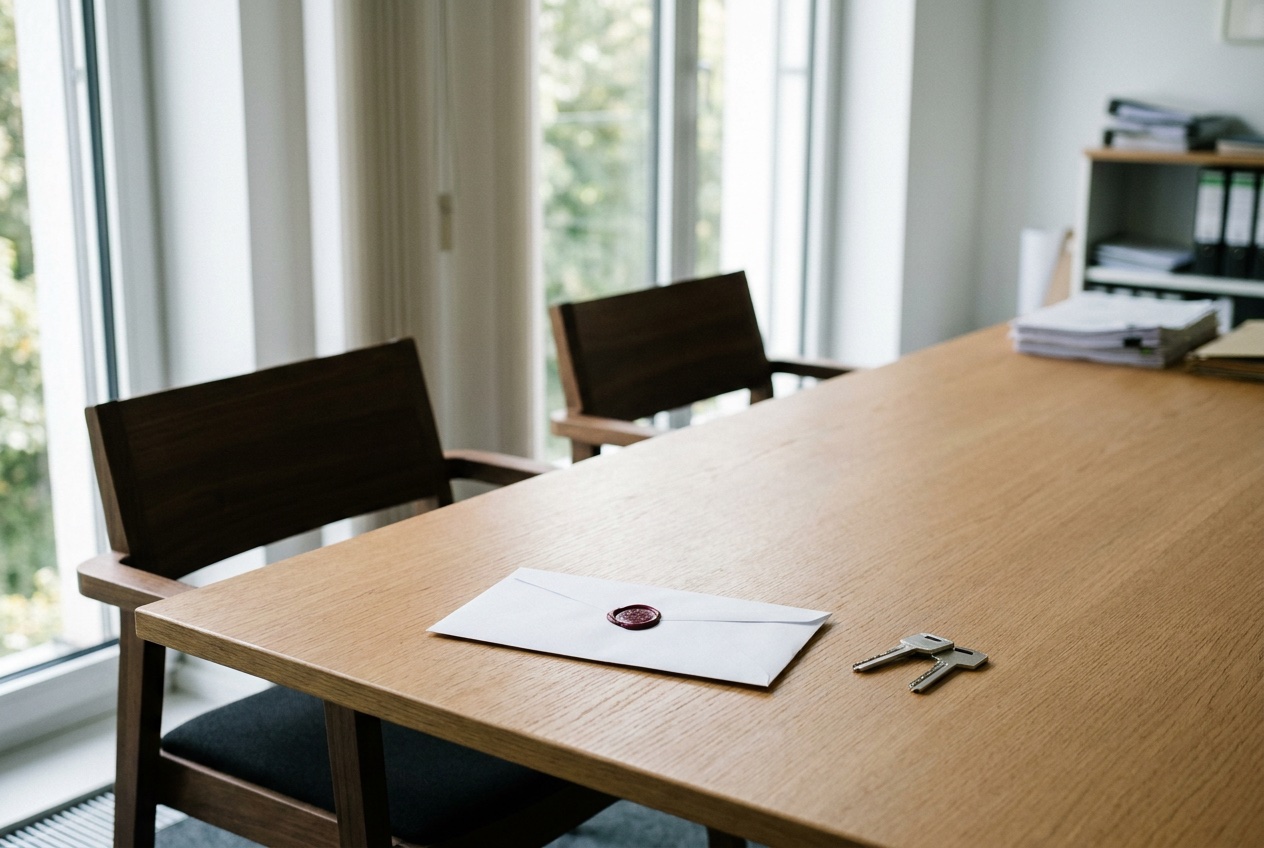 Versiegelter Umschlag mit zwei Schlüsseln — treuhänderische Verwahrung zwischen zwei Parteien